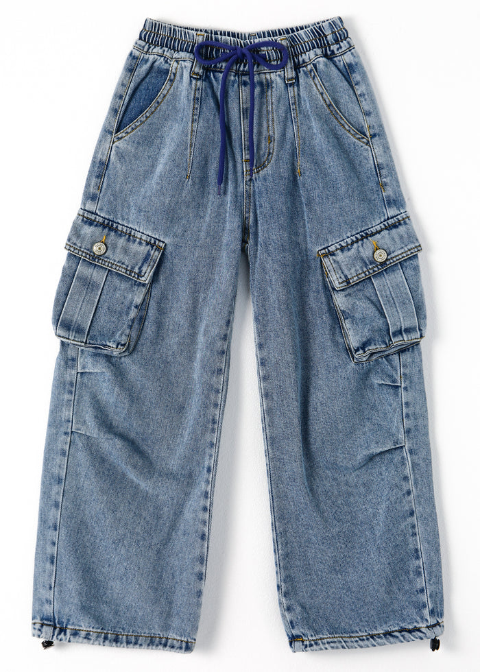 6-Pocket Girls Wide-Leg Denim Pants, 5-14T Ribbed Waist with D-Ring Loops & String Cargo Jeans