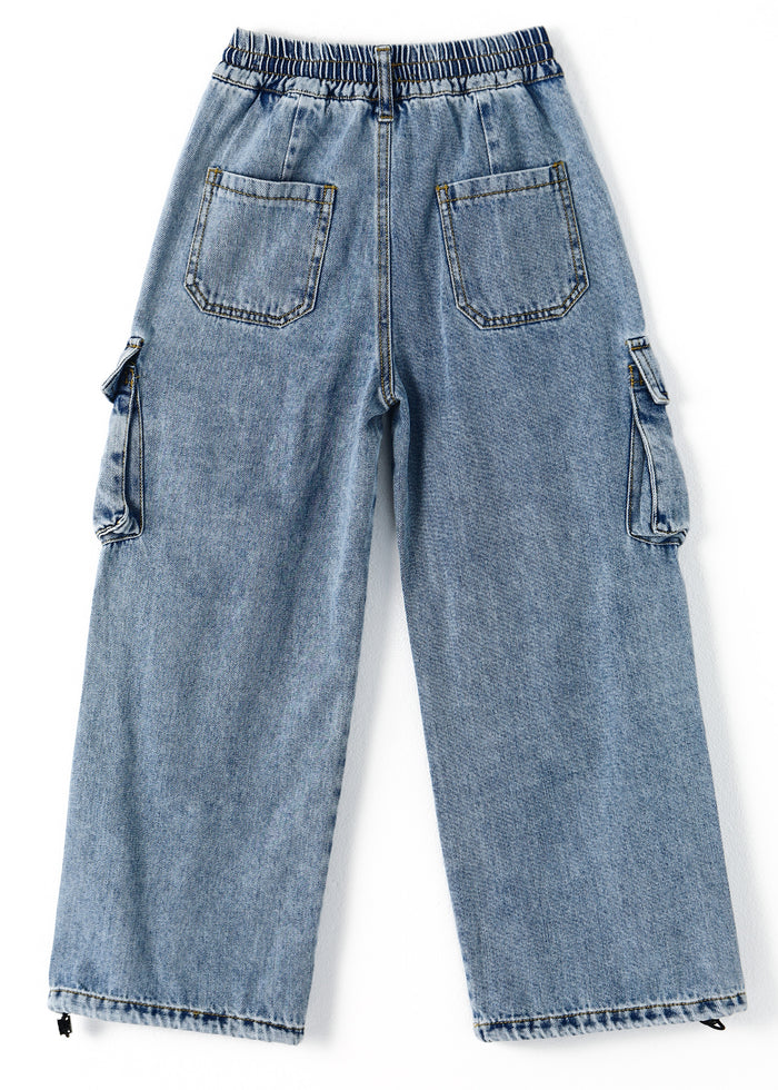 6-Pocket Girls Wide-Leg Denim Pants, 5-14T Ribbed Waist with D-Ring Loops & String Cargo Jeans