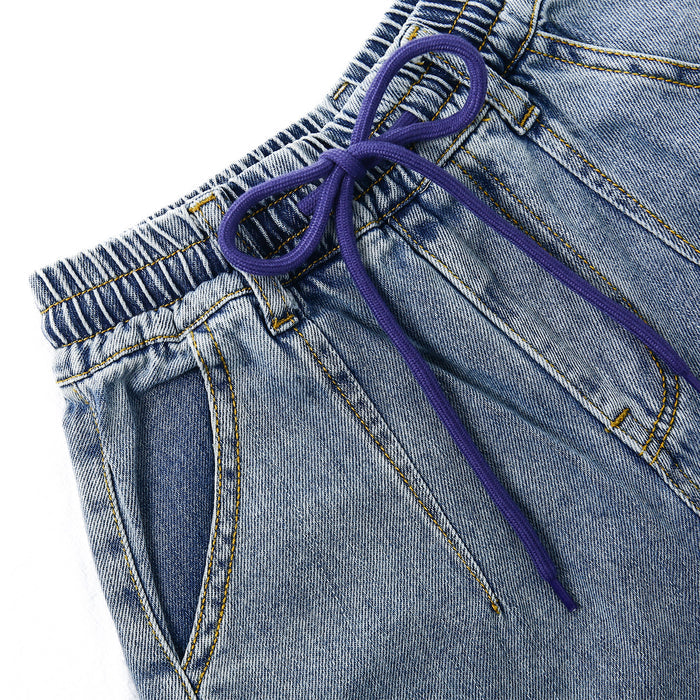 6-Pocket Girls Wide-Leg Denim Pants, 5-14T Ribbed Waist with D-Ring Loops & String Cargo Jeans