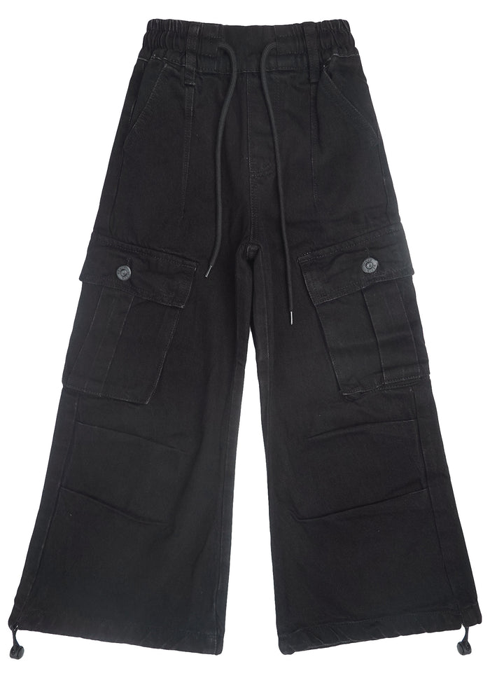 6-Pocket Girls Wide-Leg Denim Pants, 5-14T Ribbed Waist with D-Ring Loops & String Cargo Jeans