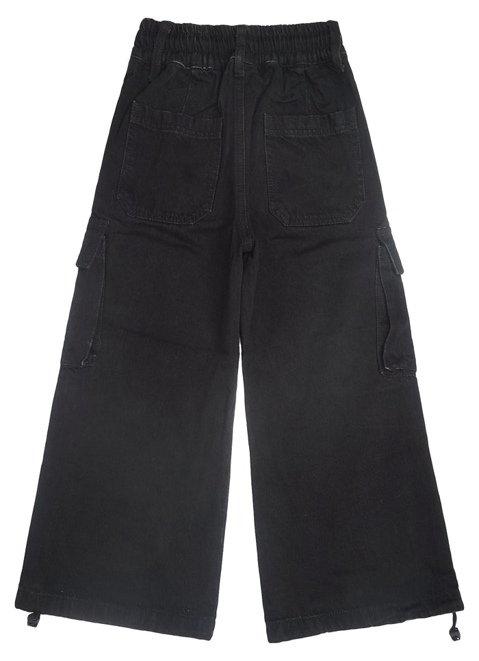 6-Pocket Girls Wide-Leg Denim Pants, 5-14T Ribbed Waist with D-Ring Loops & String Cargo Jeans
