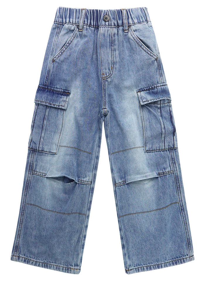 6-Pocket Girls Wide-Leg Denim Pants, 5-14T Ribbed Waist with Opening On Leg Cargo Jeans