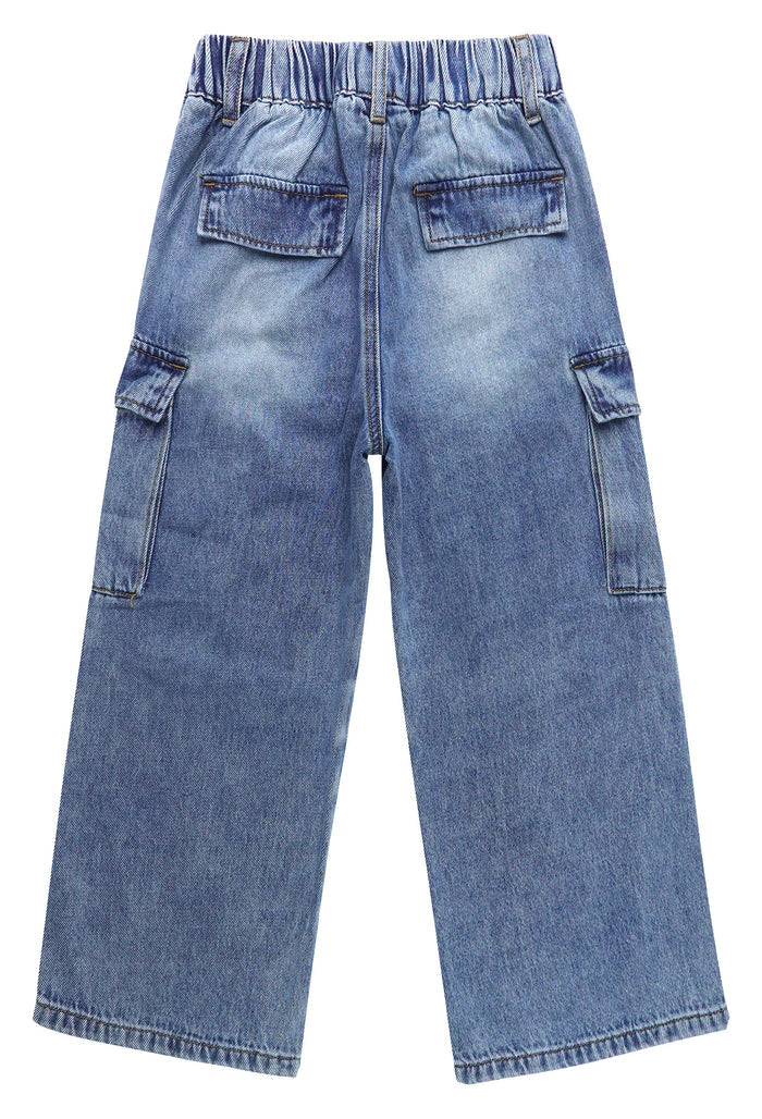 6-Pocket Girls Wide-Leg Denim Pants, 5-14T Ribbed Waist with Opening On Leg Cargo Jeans