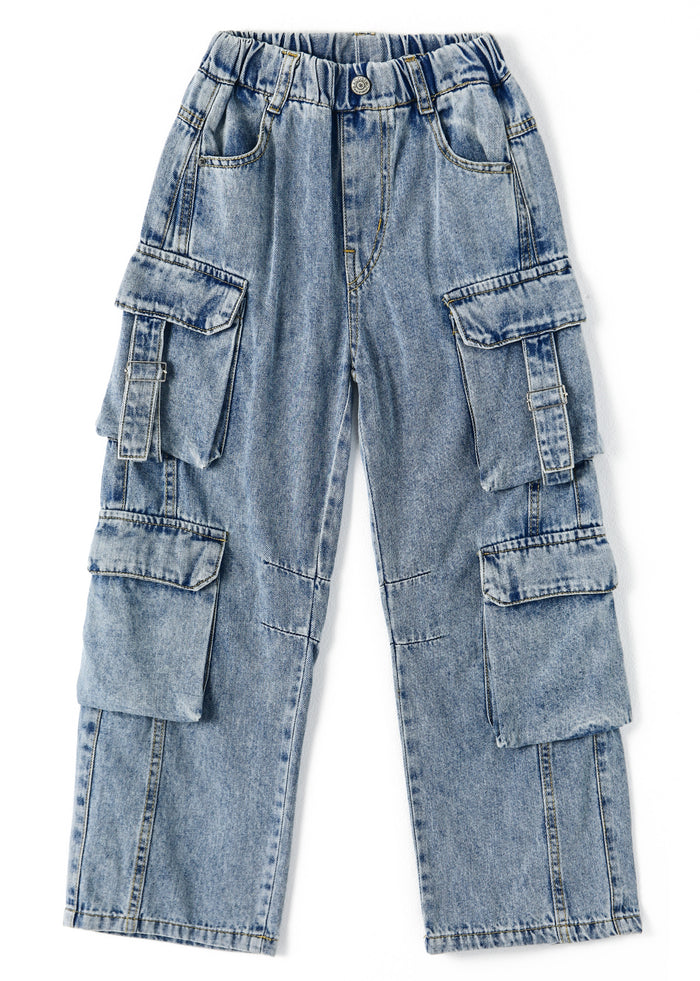 8-Pocket Girls Wide-leg Denim Pants, 5-14T Ribbed Elastic Waist Jeans