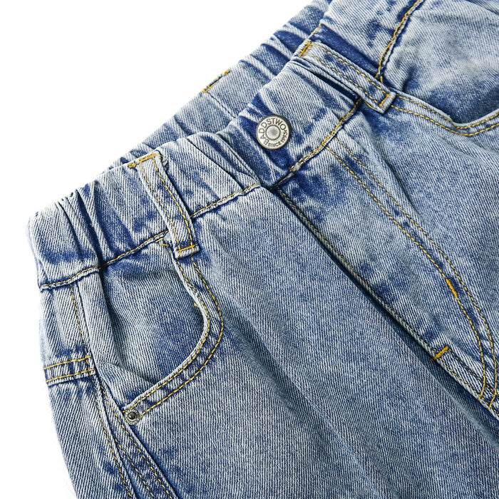 8-Pocket Girls Wide-leg Denim Pants, 5-14T Ribbed Elastic Waist Jeans