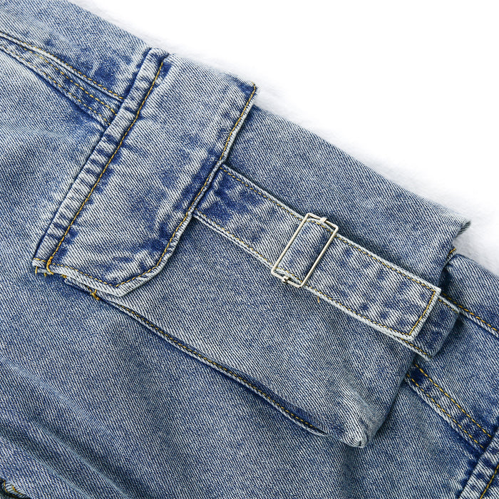8-Pocket Girls Wide-leg Denim Pants, 5-14T Ribbed Elastic Waist Jeans