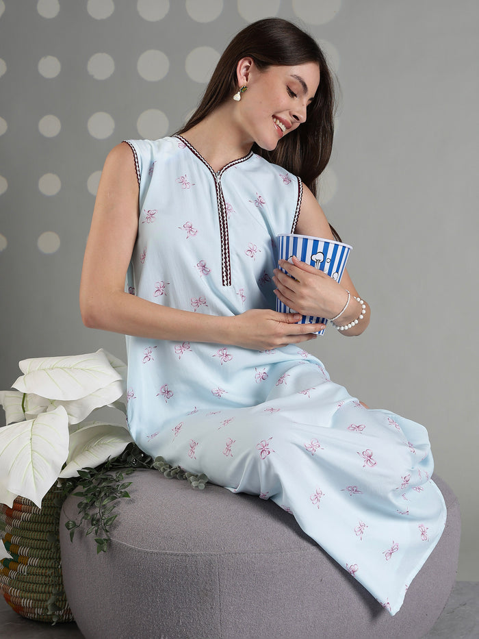 Aqua blue rayon sleeveless soft nightwear for women