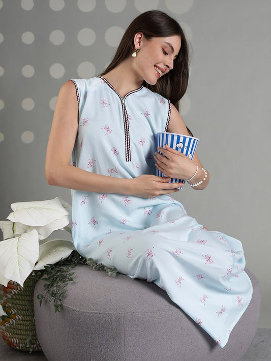 Aqua blue rayon sleeveless soft nightwear for women