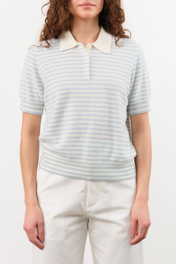 Demylee Apparel Womens Sweaters Amelia Stripe Cashmere Polo Top in Ivory/Milky Blue