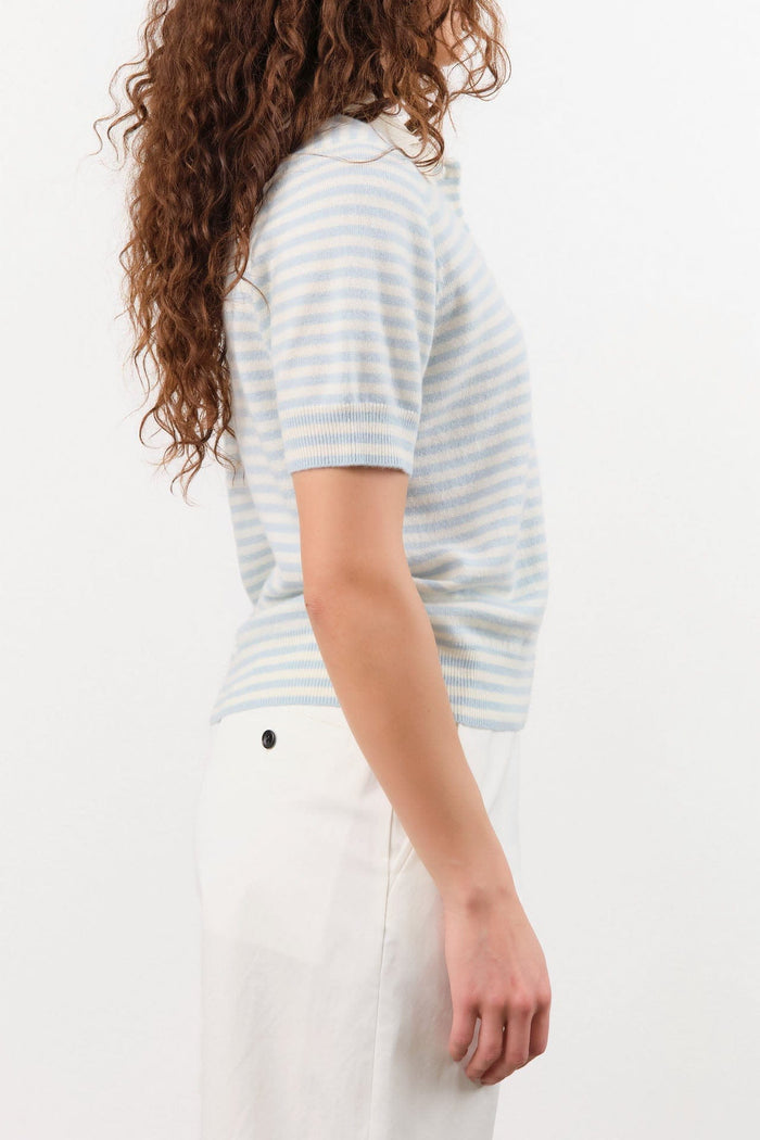 Demylee Apparel Womens Sweaters Amelia Stripe Cashmere Polo Top in Ivory/Milky Blue