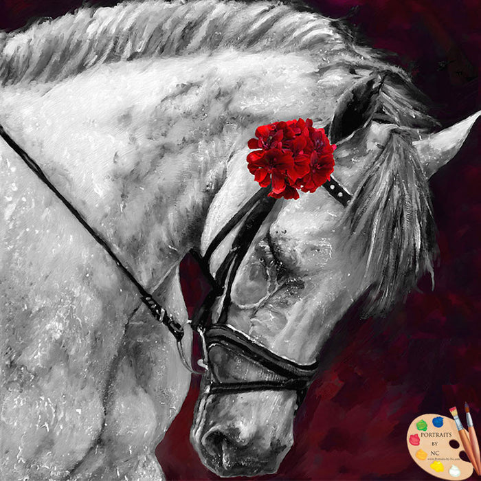 Andalusian Horse Custom pet portrait, hand-painted and digital artwork by Enzie Shahmiri