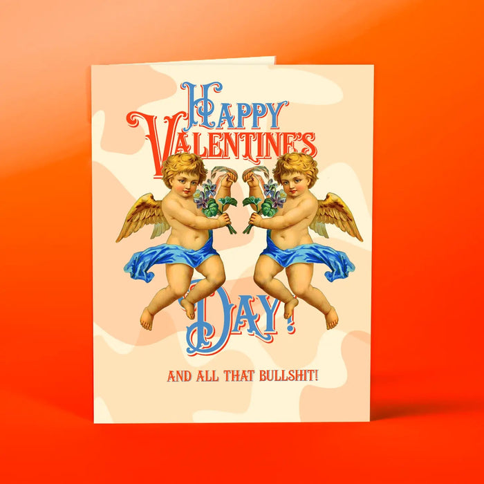 Valentine's Day card with two cherub angels holding green hearts, 'Happy Valentine's Day'