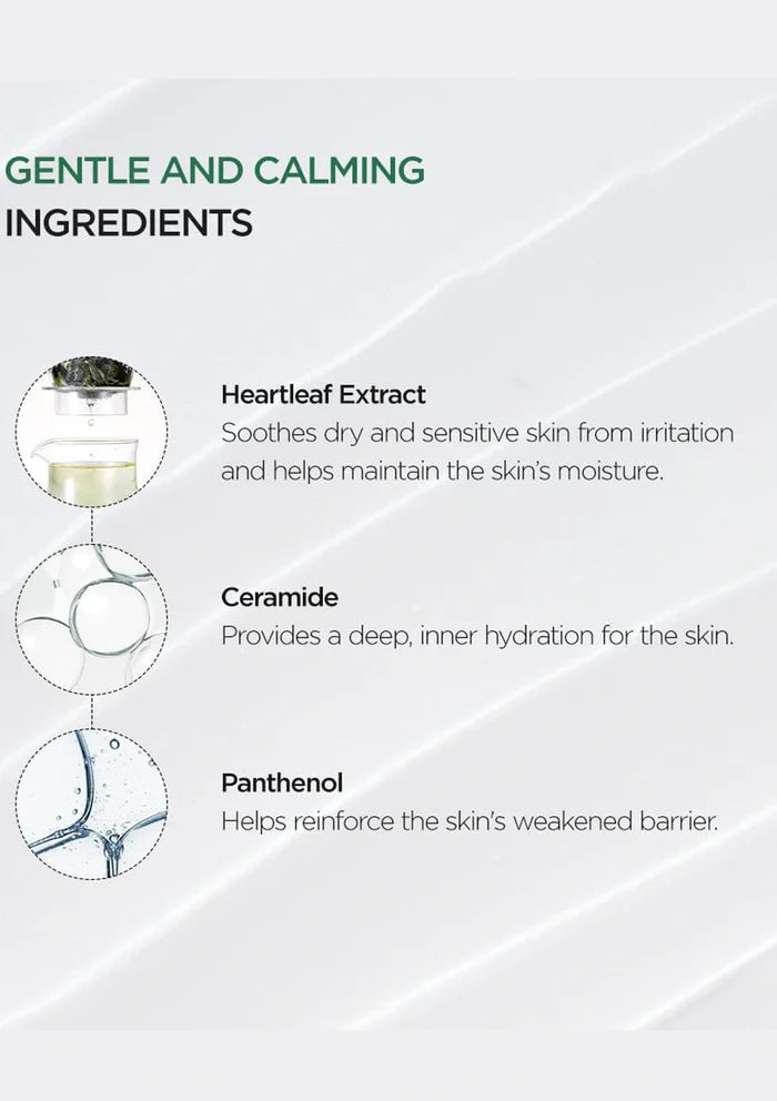 Gentle and calming ingredients for skincare with text and icons on a white background