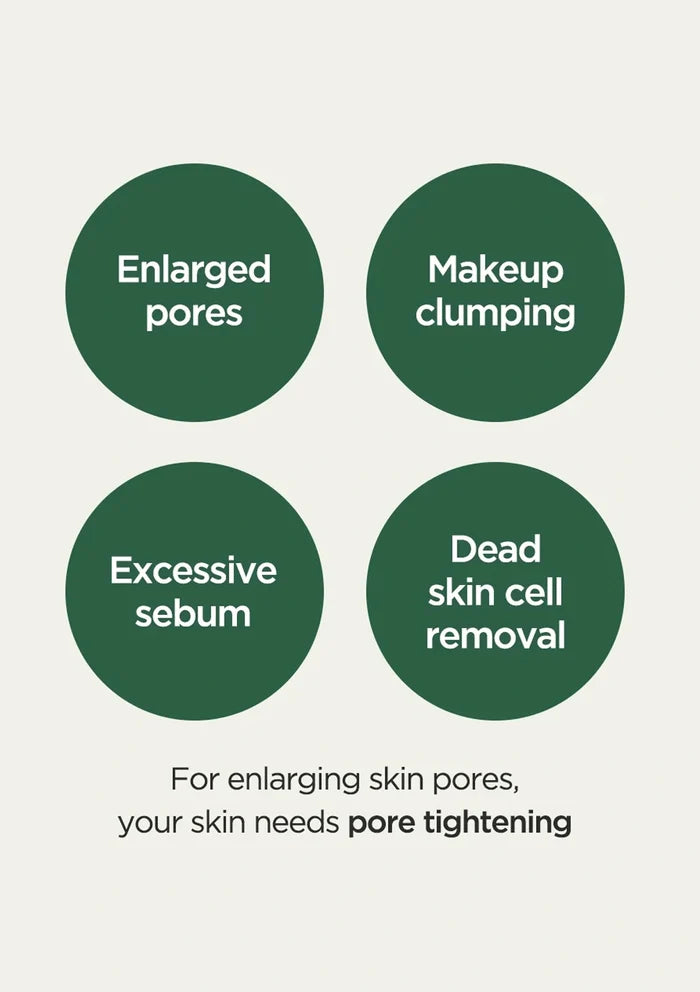 Diagram showing skin concerns like enlarged pores, makeup clumping, excessive sebum, and dead skin cell removal with a focus on pore tightening.