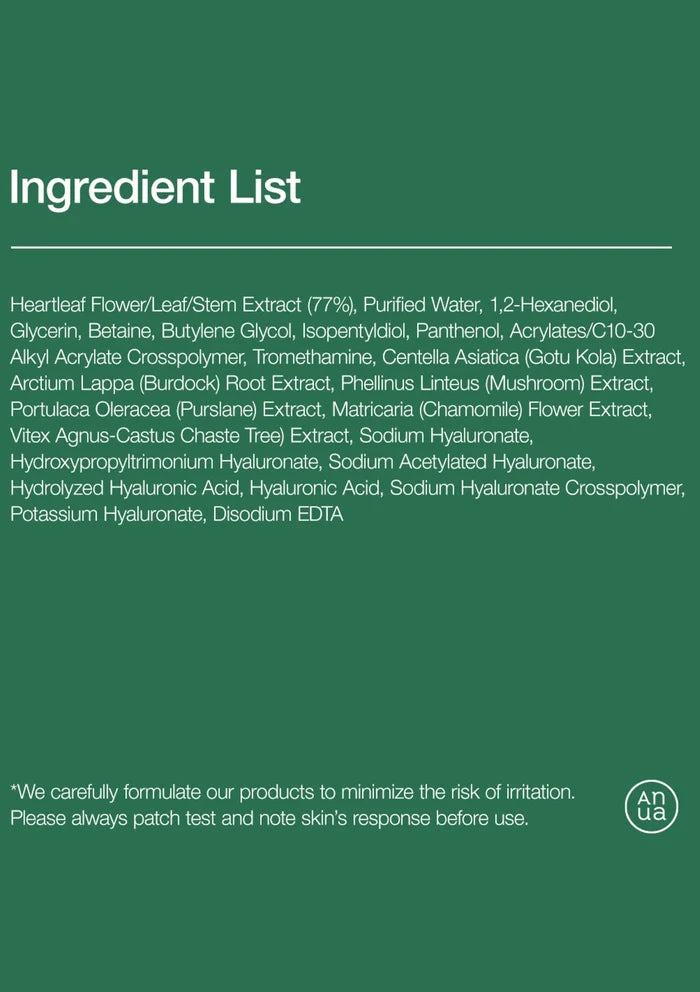 Anua heart leaf soothing toner ingredient list green background