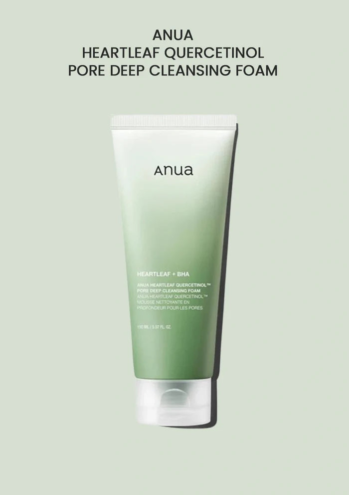 Green tube of Anua Heartleaf Quercetinol Pore Deep Cleansing Foam on a light green background