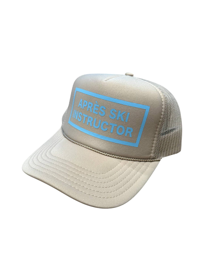 Après Babe Après Ski Instructor Trucker Hat with mesh back and embroidered front panel, stylish winter outdoor accessory