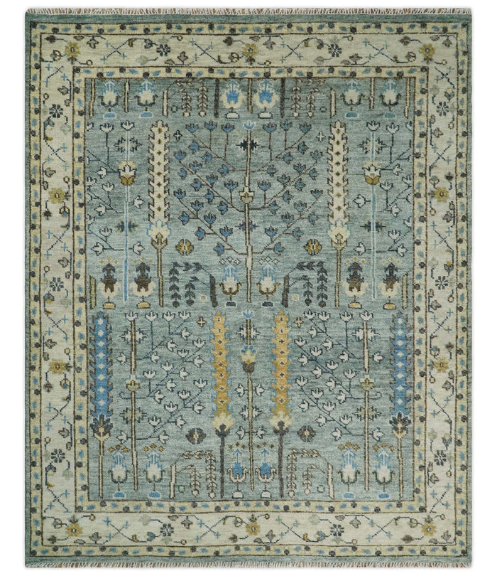 Aqua and Ivory Tree Design Hand Knotted Wool Area Rug