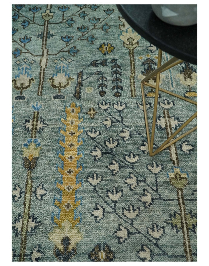 Aqua and Ivory Tree Design Hand Knotted Wool Area Rug