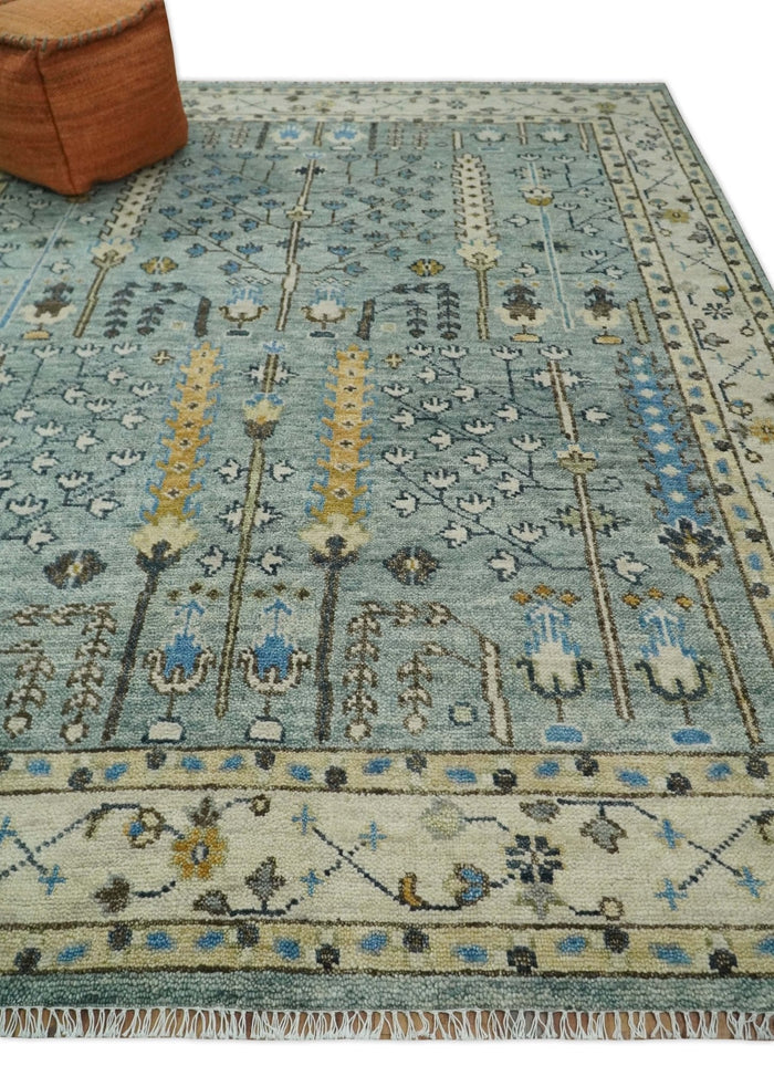 Aqua and Ivory Tree Design Hand Knotted Wool Area Rug