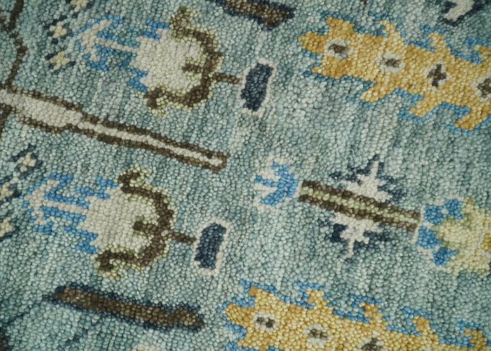 Aqua and Ivory Tree Design Hand Knotted Wool Area Rug