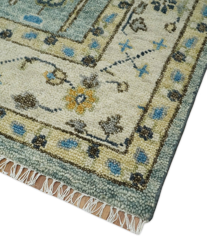 Aqua and Ivory Tree Design Hand Knotted Wool Area Rug