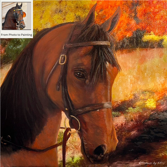 Arabian Horse Portrait I Custom Oil Portrait-custom pet portraits hand-painted and digital artwork by artist Enzie Shahmiri before and after