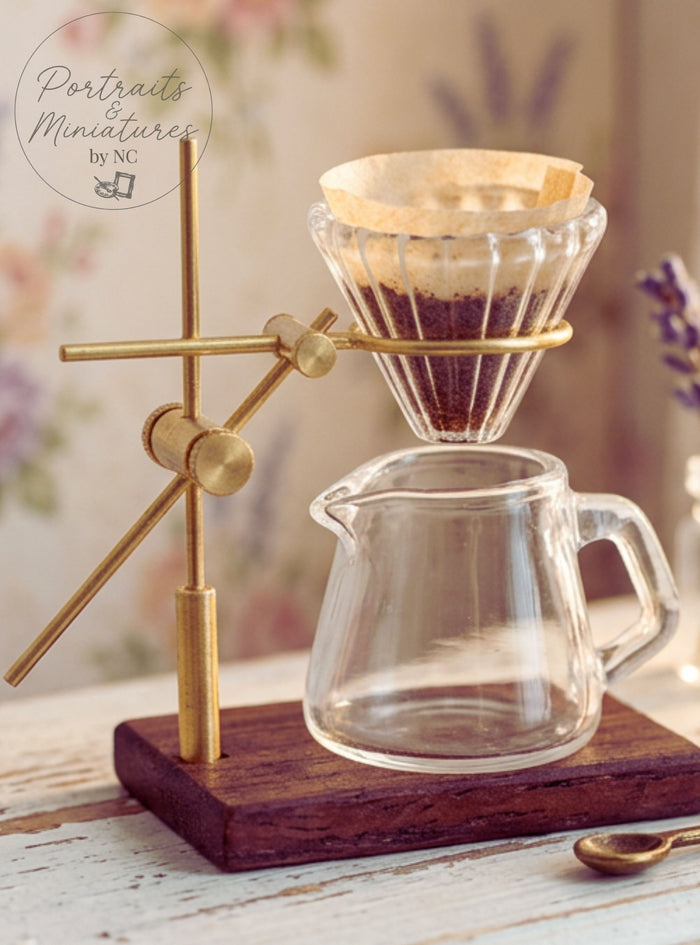 Artisan 1:12 Scale Glass Pour-Over Coffee Set – Miniature Hand-Brew Station with Walnut Base