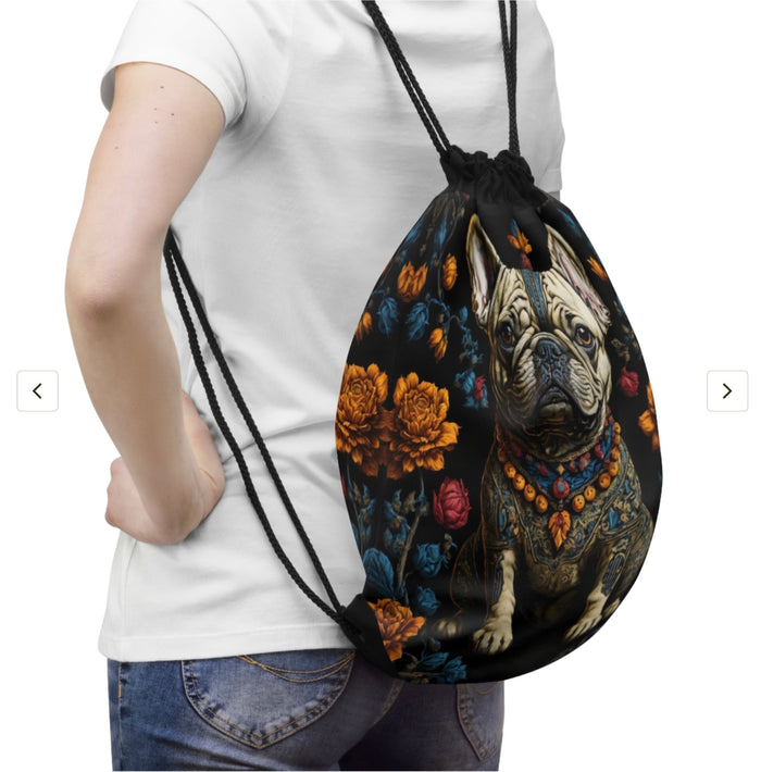 Artistic French Bulldog Drawstring Bag | Pet Lover Gift, Backpack, Gym Bag, Carry-All, Floral Design