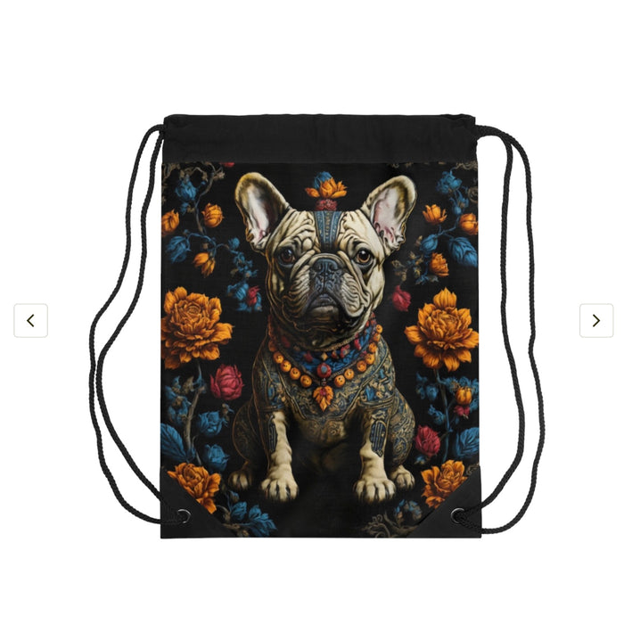 Artistic French Bulldog Drawstring Bag | Pet Lover Gift, Backpack, Gym Bag, Carry-All, Floral Design