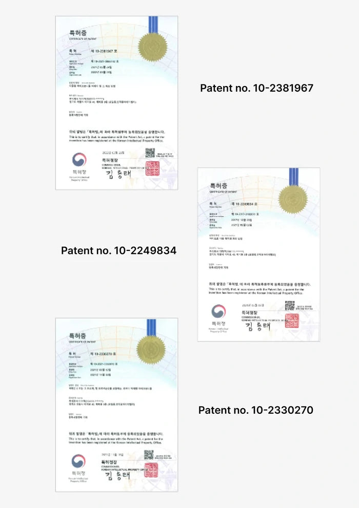 Four patent certificates with different numbers on a white background
