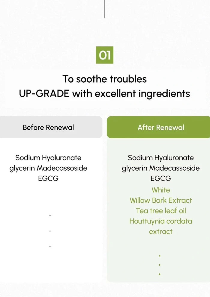 Comparison chart showing ingredients before and after a renewal process on a white background.