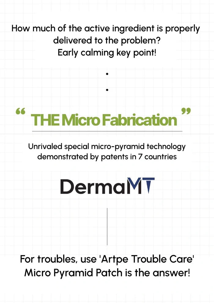 Promotional text about DermaMT's micro-pyramid technology and product 'Artpe Trouble Care'.