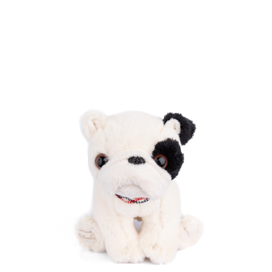 White and black plush pug toy with red-and-blue bandana and stitched face