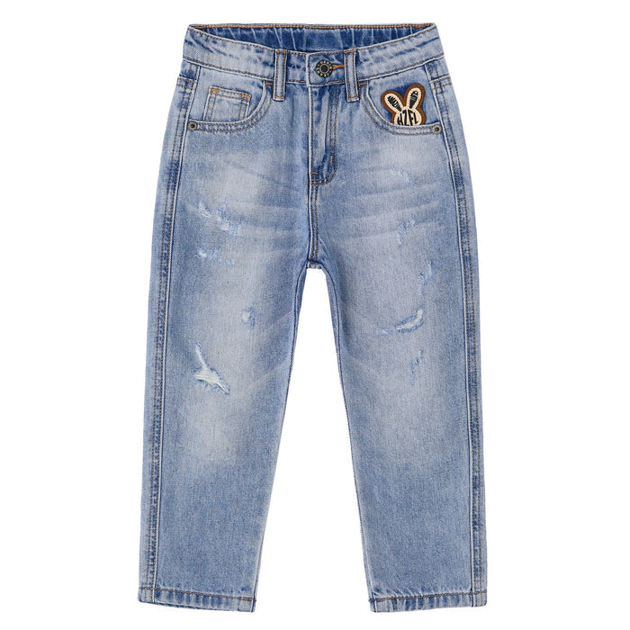 Baby Little Big Girls Jeans,Elastic Waistband Inside Ripped Holes Soft Denim Pants