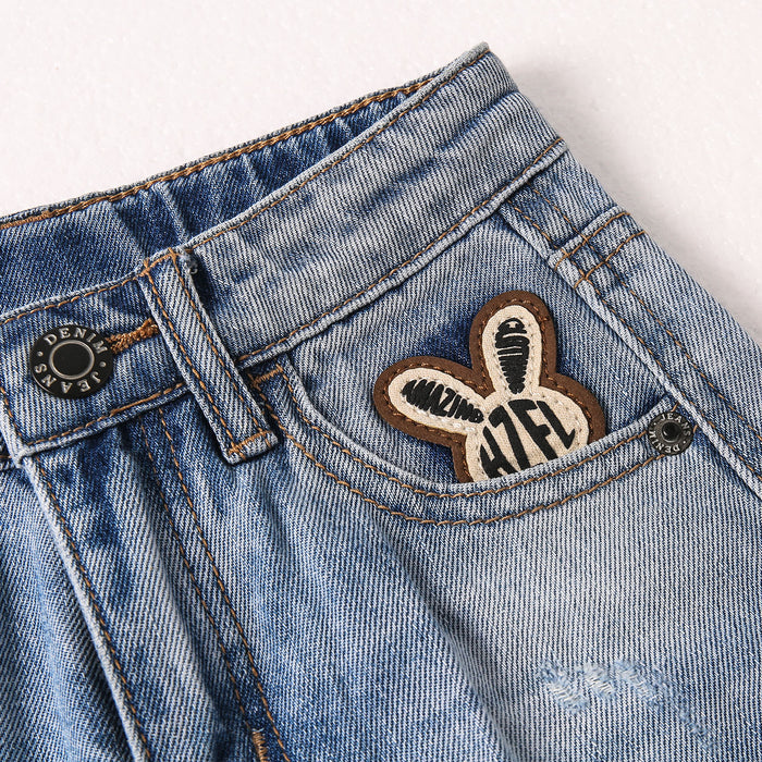 Baby Little Big Girls Jeans,Elastic Waistband Inside Ripped Holes Soft Denim Pants