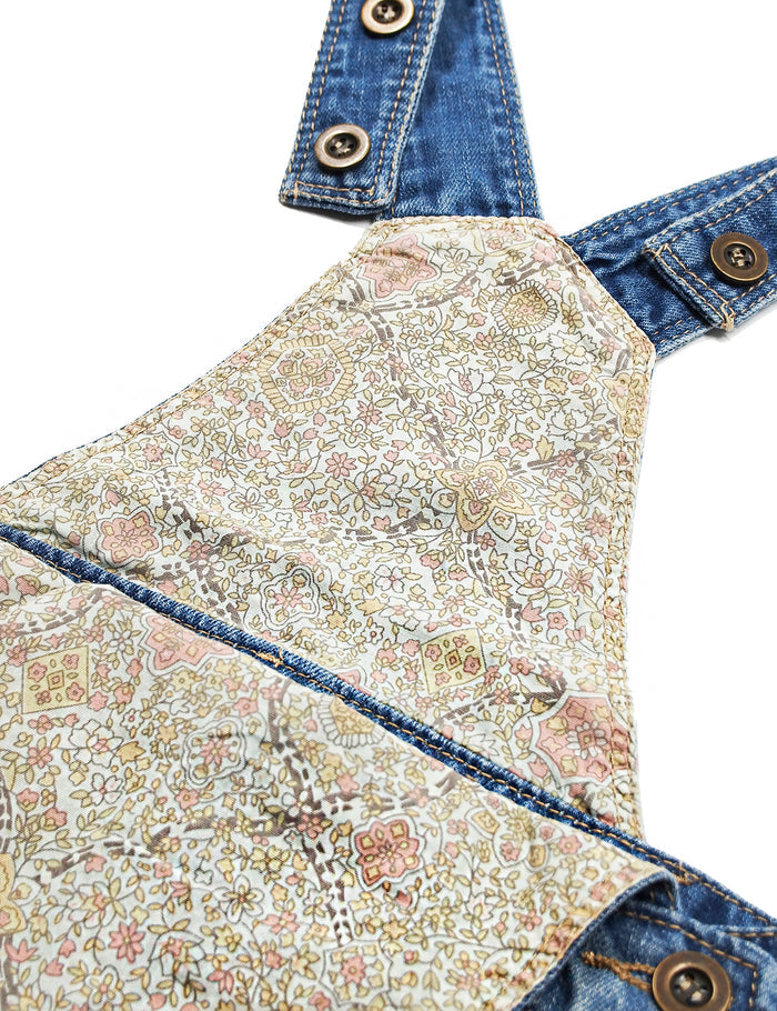 Baby Little Girls Fox Flowers Embroidered Lace Denim Overall Dress
