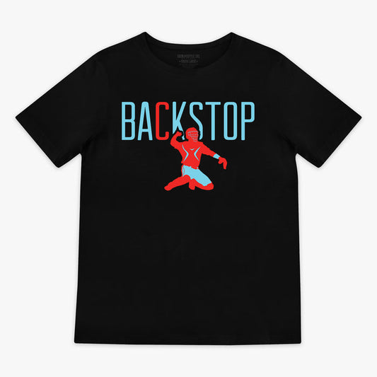 Youth graphic tee with “Backstop” design — front view