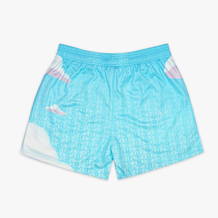 Light blue shorts with cloud pattern on a white background