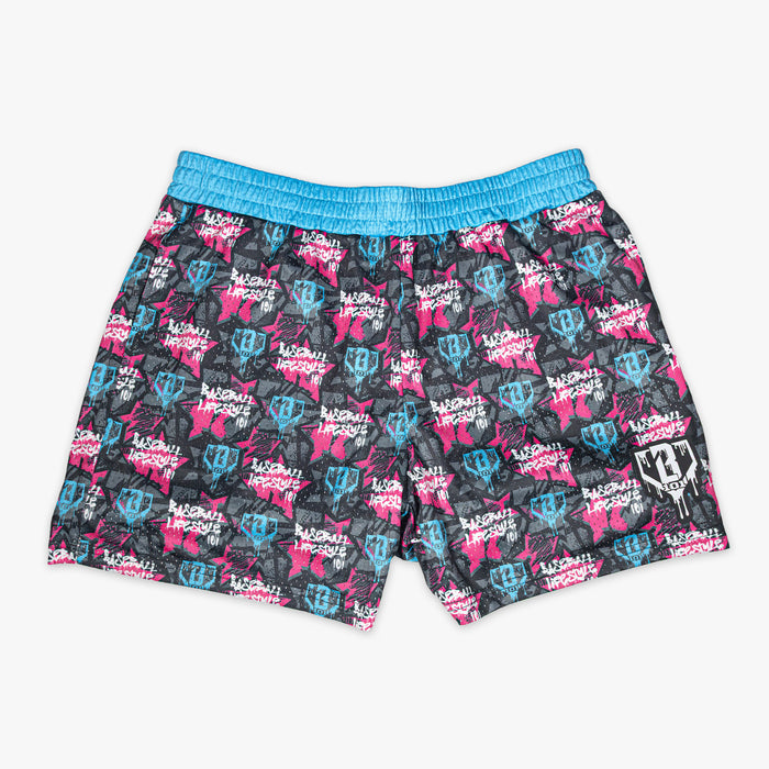 Multi-color youth shorts with “Baseball Lifestyle Tag” design — front view