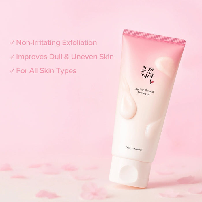 Beauty of Joseon Apricot Blossom Puding Gel in a pink and white squeeze tube, set against a soft pink background with decorative text on the left.