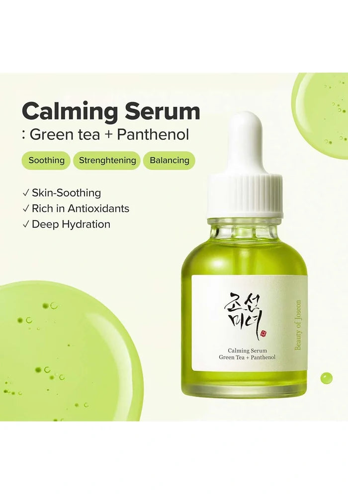 Calming serum bottle with green tea and panthenol on a light green background