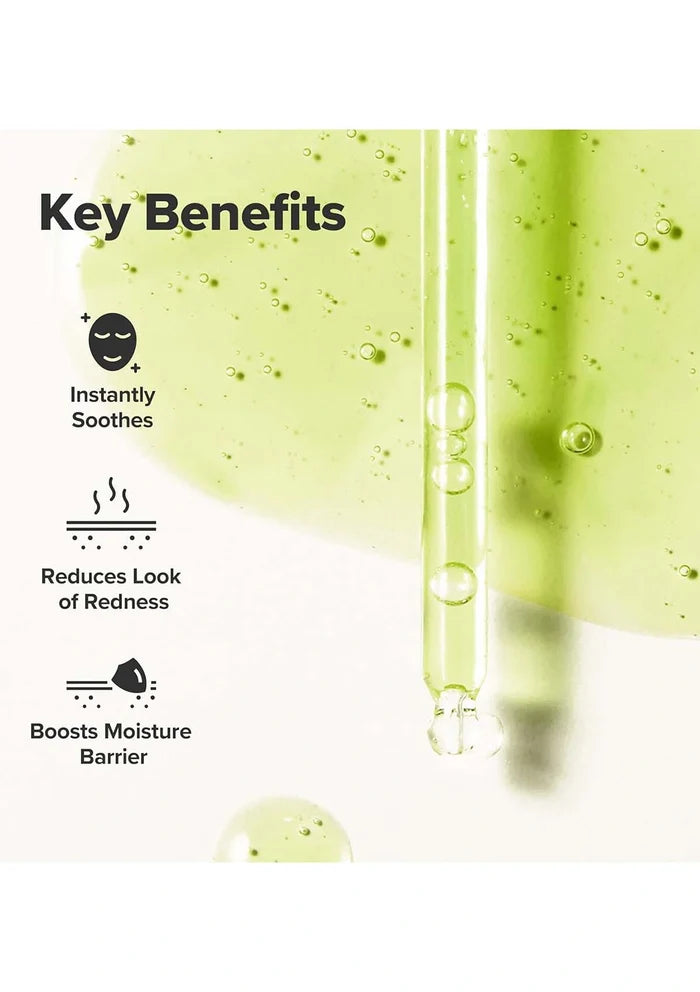 Key benefits of a skincare product with green liquid and bubbles on a white background.