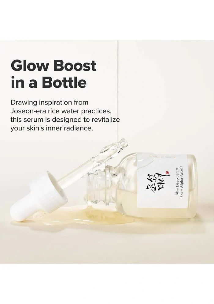 Serum bottle with dropper and text about glow boost in a bottle inspired by Joseon-era rice water practices.