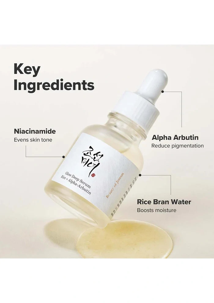Skincare serum bottle with key ingredients listed on a light background