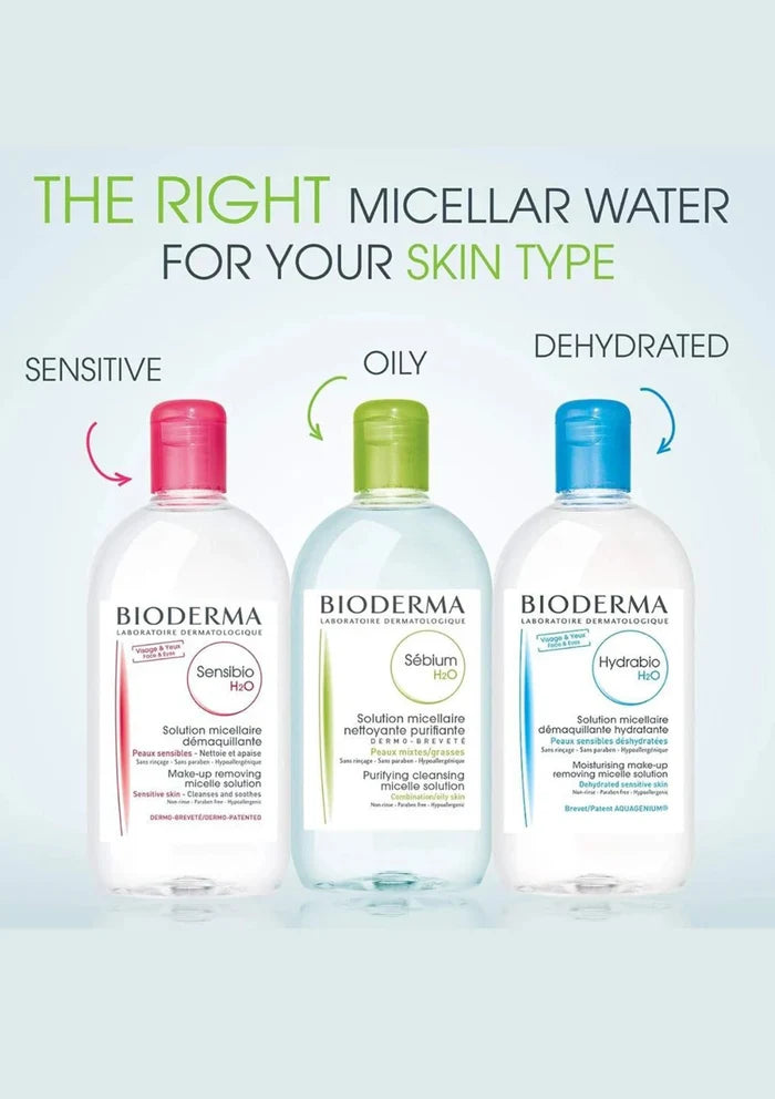 Three Bioderma micellar water bottles in pink, green, and blue caps are shown on a pale blue background with text indicating sensitive, oily, and dehydrated skin types.