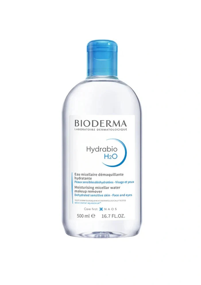 A 500 ml bottle of Bioderma Hydrabio H2O moisturizing micellar water with a translucent blue cap, shown on a plain white background.
