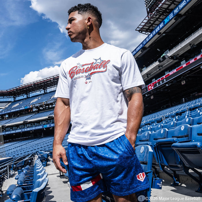 Adult model wearing Red, White & Blue shorts with "BL101 All-Star Game" design