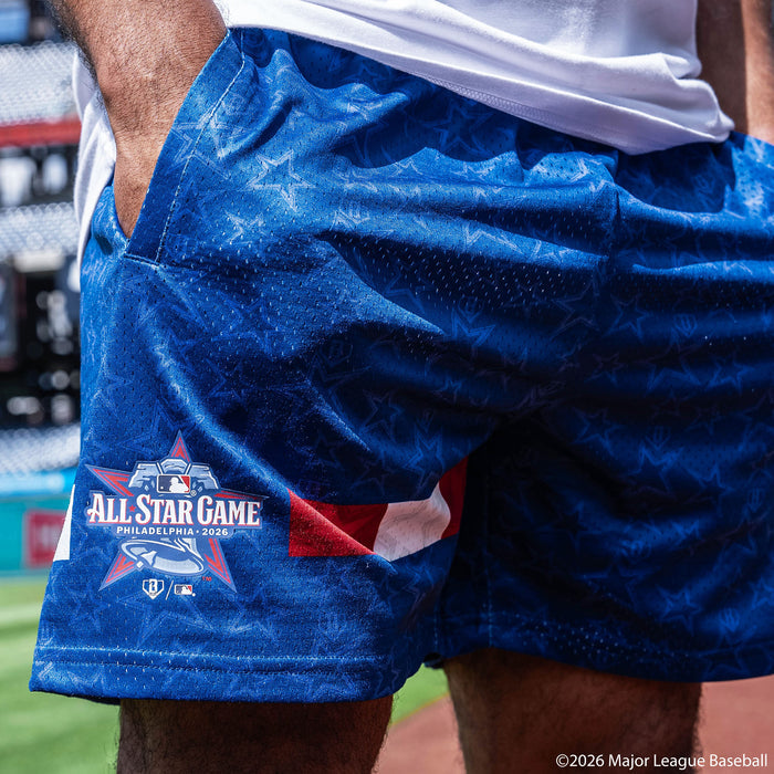 Adult model wearing Red, White & Blue shorts with "BL101 All-Star Game" design