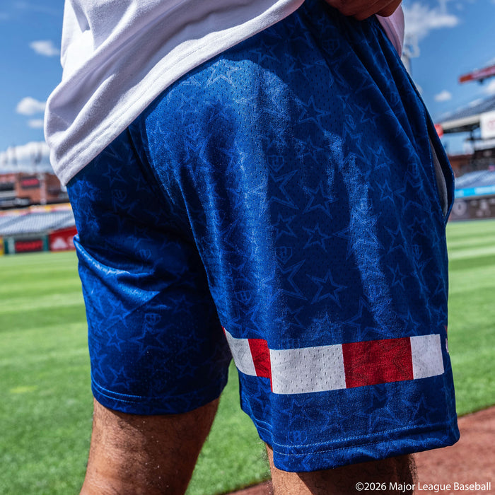 Adult model wearing Red, White & Blue shorts with "BL101 All-Star Game" design